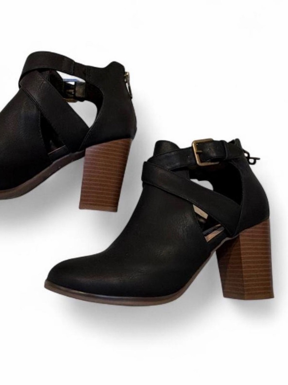 Women's Black Strappy Cutout Block Heel Ankle Boots